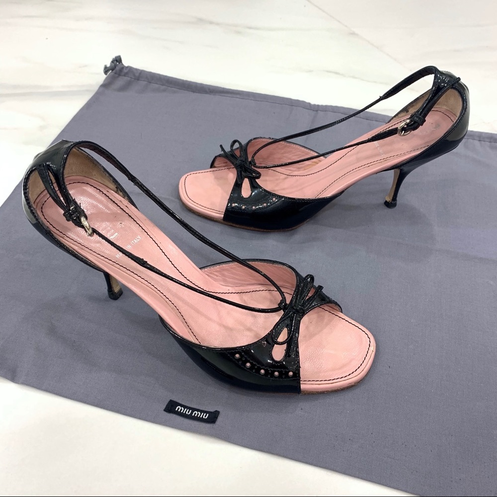 Miu Miu Black Patent Leather Open-Toe Slingback Heels with Pink Insole